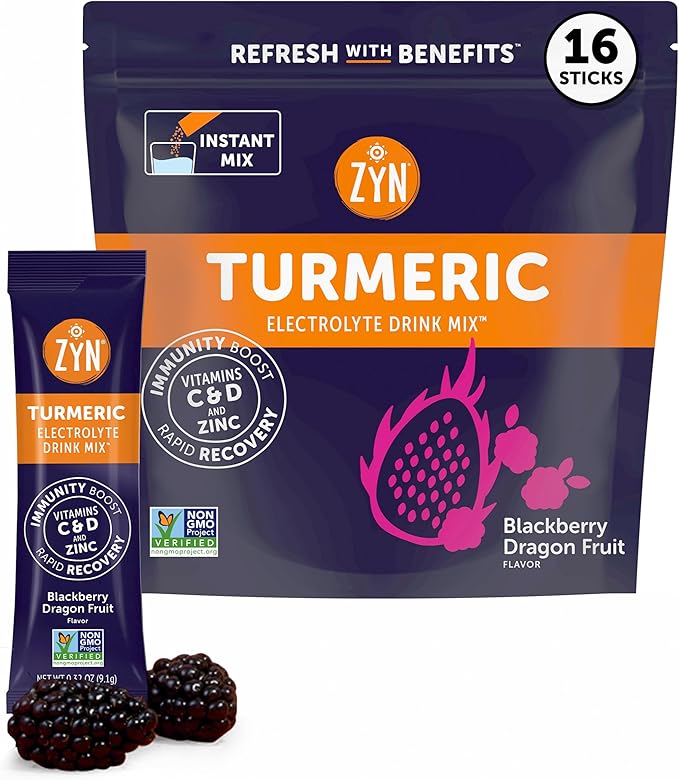 ZYN Electrolyte Drink Mix Hydration Packets, BlackBerry Dragonfruit Electrolytes Powder, Hydration Packets w/Turmeric Curc...