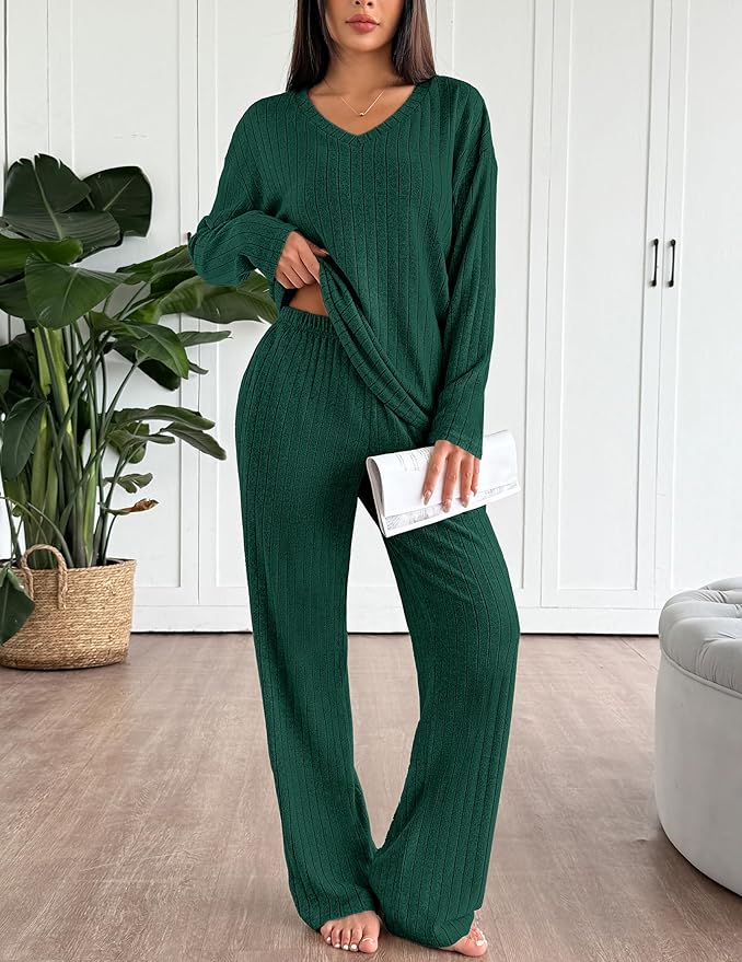 Ekouaer Lounge Sets for Women Long Sleeve Knit Ribbed Pajama Sets 2 Piece Casual Loungewear with Pockets