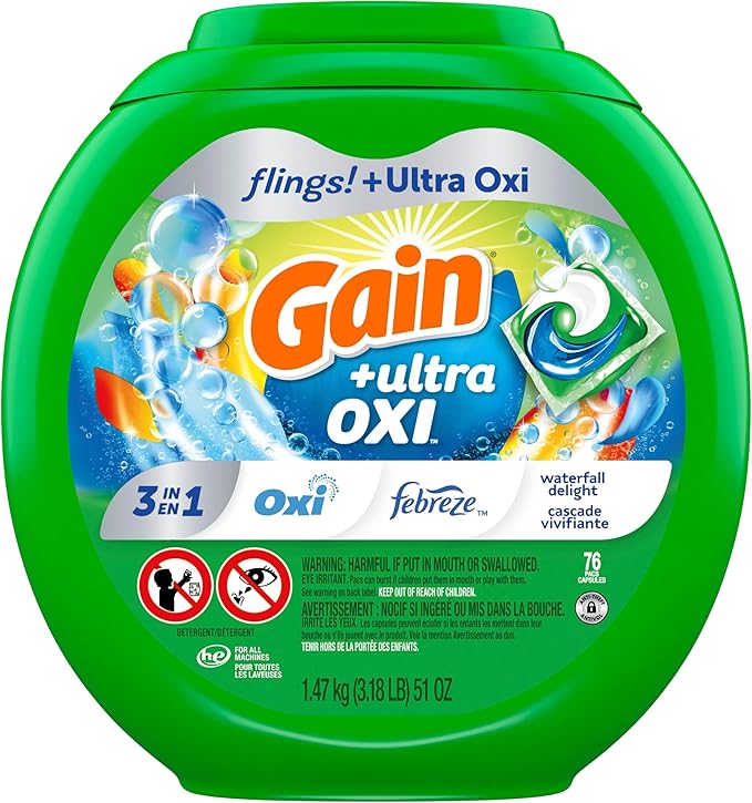 Gain Flings Ultra Oxi Laundry Detergent Pacs, 76 Count, Waterfall Delight Scent, 3-in-1, HE Compatible