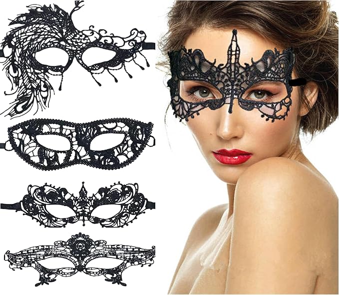 AICOC Masquerade Mask for Women Halloween Costume Lace Eye Masks 4 Pack