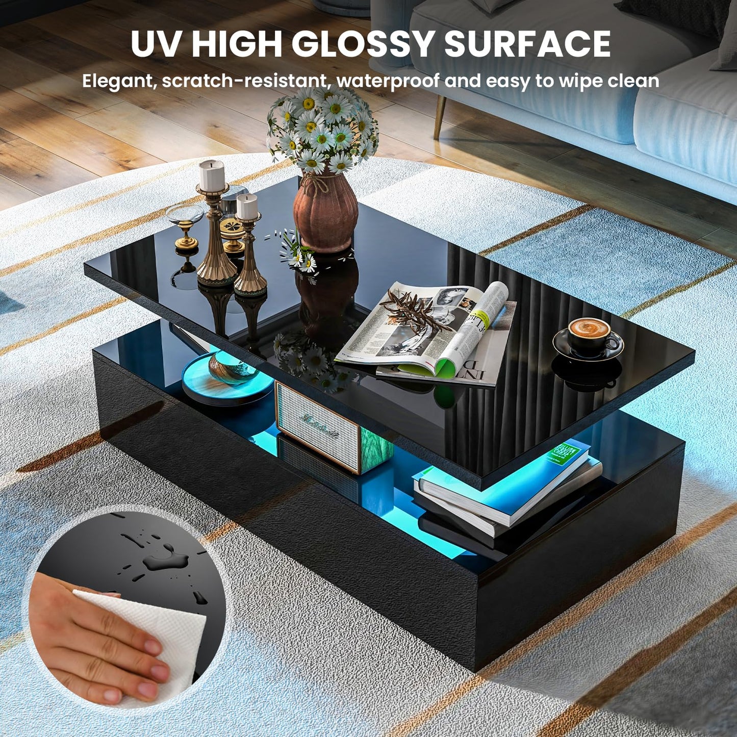 Tangkula LED Coffee Table, Modern High Gloss Coffee Table w/ 20-Color LED Lights, Adjustable Speed & Brightness, Remote Control, Open Shelf, 2-Tier Rectangle Living Room Center Table (Black)