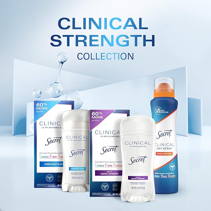 Secret Clinical Strength Antiperspirant Deodorant for Women, Stress Response, 3X Stress Protection, 72hr Sweat & Odor Protection, PH Balancing Minerals, Soft Solid, 1.6 oz