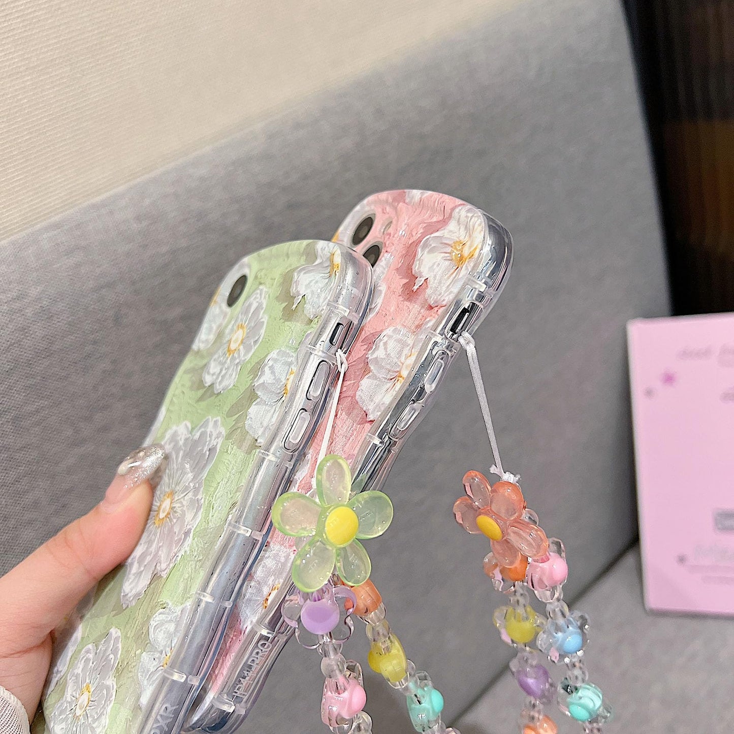 For Iphone 11 Pro Curly Wavy Case, Cute Colorful Retro Oil Painting Flower Glossy Pattern [With Bead Chain], Slim Fit Shockproof