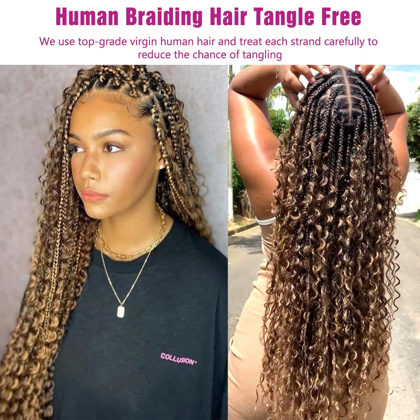 4/27 Honey Blonde Human Braiding Hair Deep Wave Bulk,Highlight No Weft Curly Hair Extensions for Boho Braids Wet and Wavy Braidi