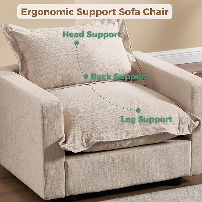 chairus 68" Love-Seat Sofa with Movable Ottoman Upholstered Linen Deep Seat Couch with Pillow Modular Oversized Couch Sleeper for Living Room, Bedroom, Reception Room, Apartment, 2-Seater/Oatmeal