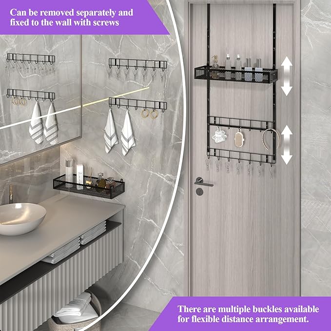 bukfen Adjustable Over the Door Hooks Organizer,Multi-Purpose Storage Organizer Over the Door Organizer with Shelf and Hooks,Hanging Door & Wall Mounted Coat Storage Rack for Bedroom,Bathroom,Kitchen