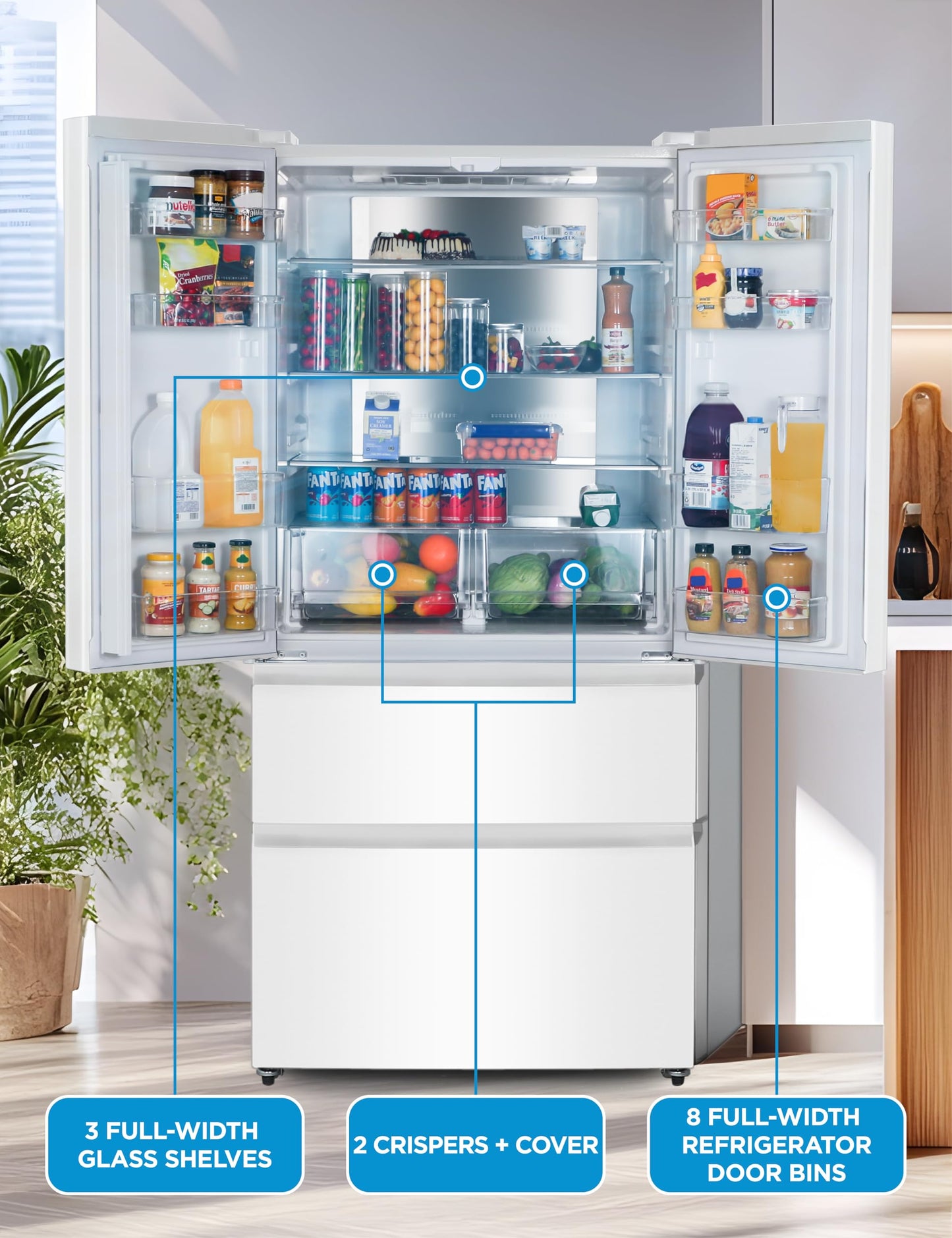 Commercial Cool 18.9 Cu. Ft. French Door Refrigerator, 33 Inch Wide Refrigerator with 2 Bottom Mount Freezer Drawers, Frost Free, LED Lighting, Digital Temperature Control, CCRF1890KW, White