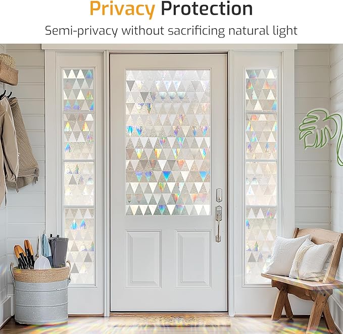 LUTE Window Privacy Film, Decorative Stained Glass Rainbow Window Clings, Sun Blocking Glass Covering, Renter-Friendly Static Cling Sticker Frosted Decals for Home Door Office, 35.4" x 118.1"