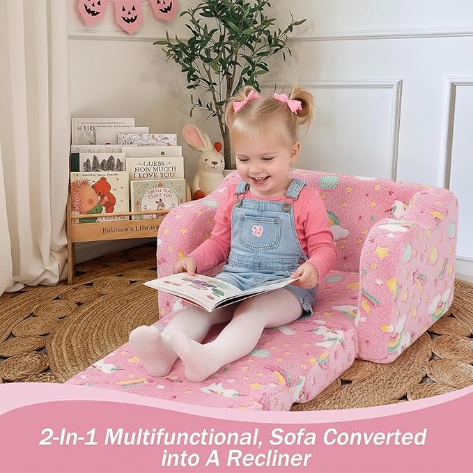 MeMoreCool Folding Toddler Chair, Glow-in-The-Dark Soft Plush Kids Fold-Out Couch Sofa, Comfy Baby Recliner for Girls and Boys (Pink Rainbow)