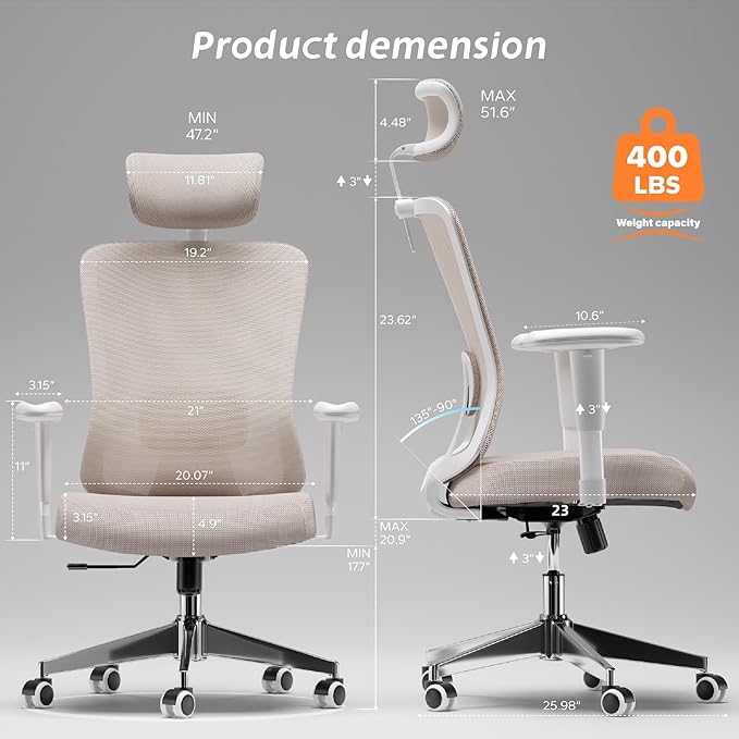 ZYFFHYLAI Ergonomic Office Chair, Mesh Desk Chair with Adjustable Headrest and 2D Armrest，Computer Chairs with Lumbar Support, Big and Tall Office Chair 400lbs, Large (01khaki)