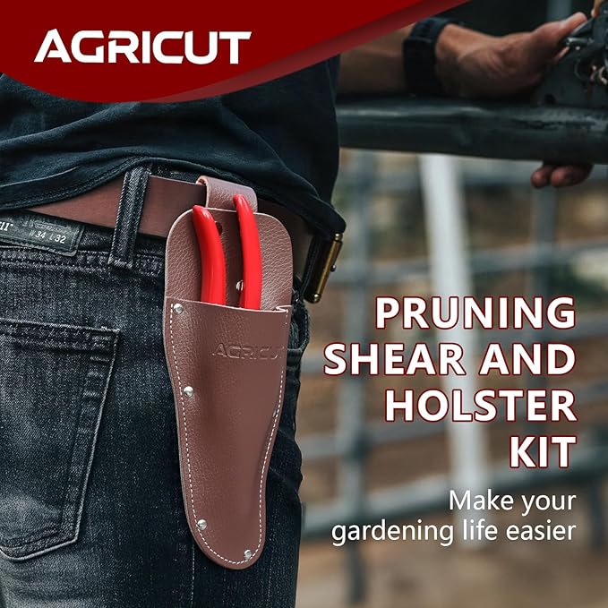 AGRICUT Pruning Shears and Holster - Garden Shears 1 Inch Cut Capacity High Carbon Steel with Pruner Sheath Bypass Garden Scissors Heavy Duty