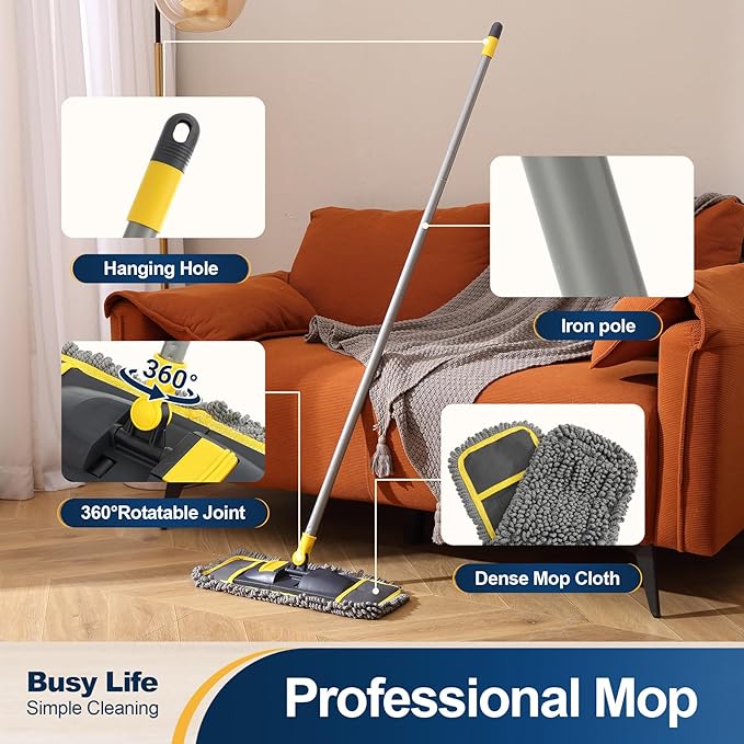 Yocada Dust Mop for Floor Cleaning with 2 Different Mop Pads Wet & Dry for Hardwood Ceramic Marble Tile Laminate Home Kitchen 51in Long