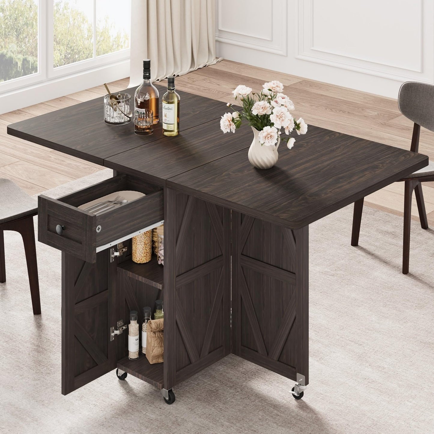 Jocoevol Space Saving Folding Dining Table, Farmhouse Foldable Dining Table with Drawer and 2-Layer Storage Shelf, 6 Wheels Multipose Expandable Kitchen Drop Leaf Table for Small Space (Dark Walnut)