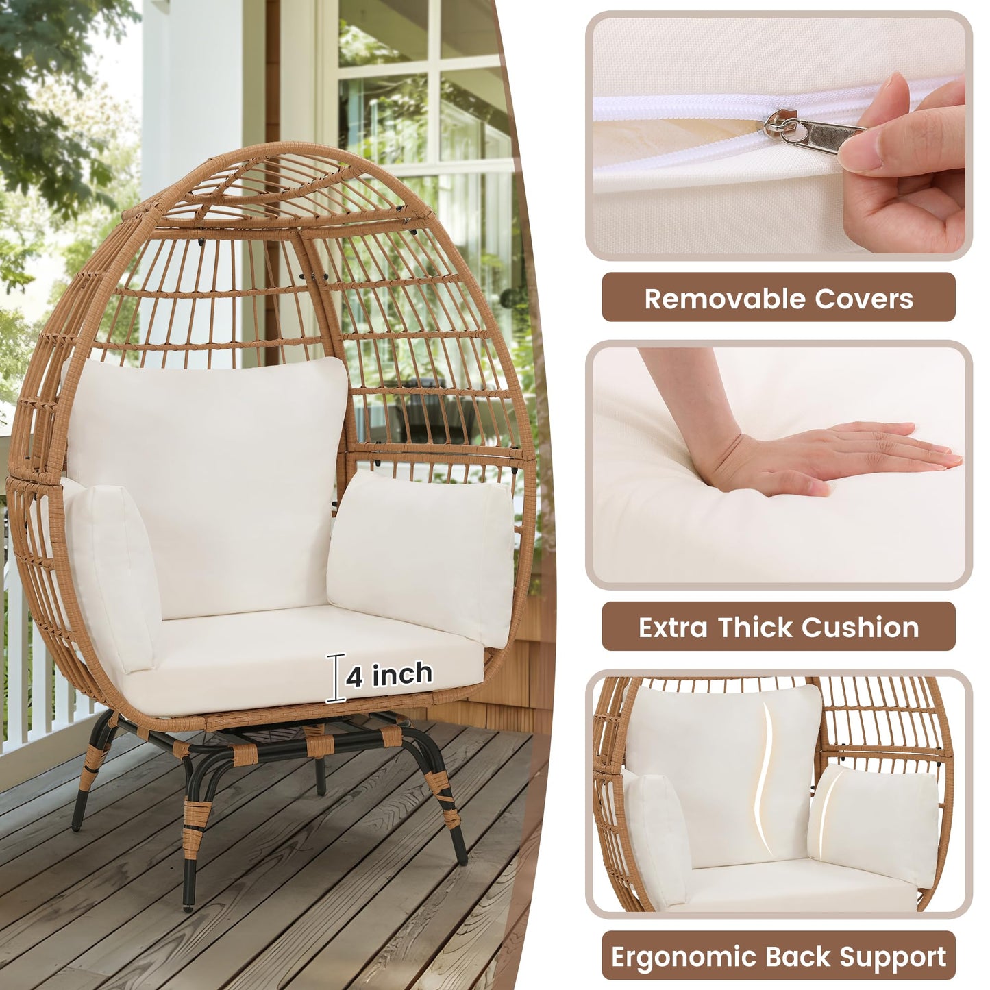 Murago Oversized 360 Swivel Rattan Egg Chair for Adult, Indoor Outdoor Patio Large Wicker Egg Chair with Overstuffed Cushions, 440lb Weight Capacity, Natural Rattan with Beige Cushion