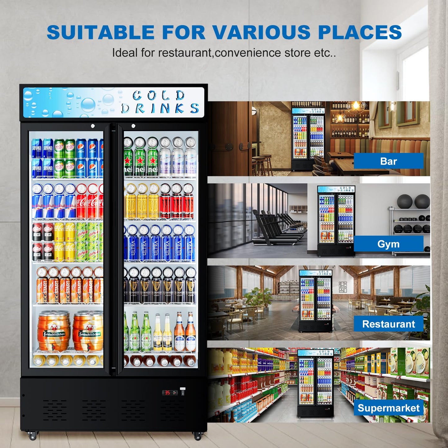 ECEVT 30 Cu.ft. Commercial Beverage Refrigerators Glass Door Refrigerator Upright Display Cooler with Soft LED Light and Adjustable Shelves for Restaurant Grocery Stores Home