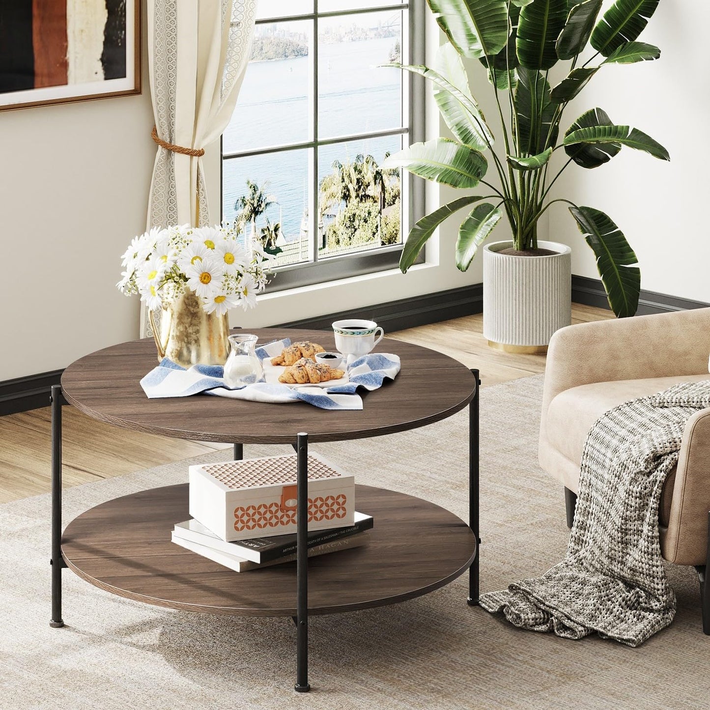 WLIVE Round Coffee Table for Living Room, 32.6" Small Coffee Table with Open Storage Shelf, 2-Tier Industrial Circle Wood Center Table for Bedroom, Home Office, Brown Walnut