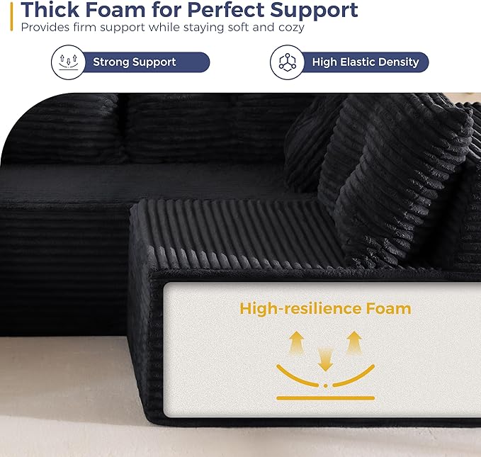 MAXYOYO 132" Oversize Modular Sectional Couch with L-Shape Chaise, Modern Boneless Couch for Living Room, Sofa in A Box, Oversized Sofa Sleeper with Deep Seat, No Assembly Required, Black
