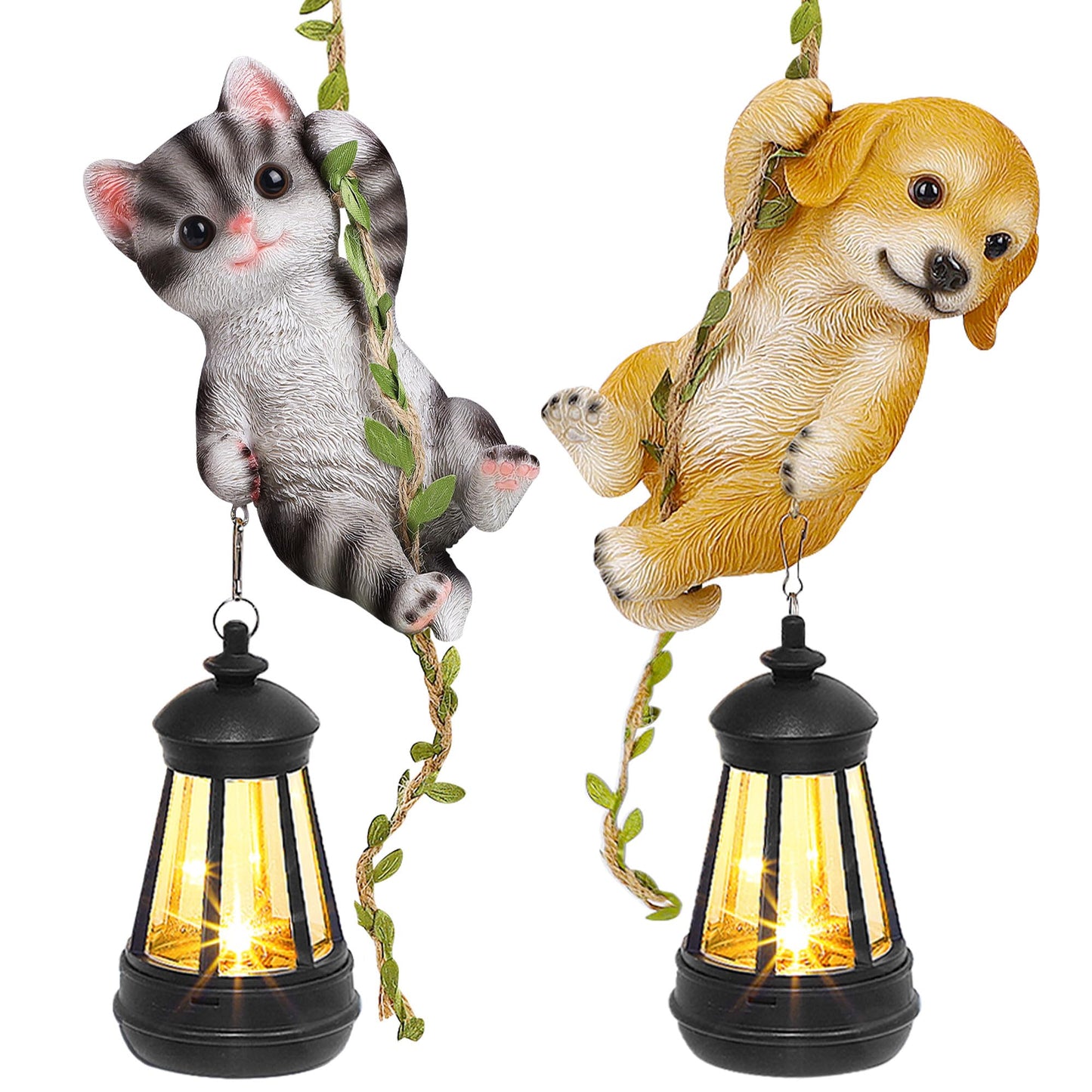 ZaaYee Set of 2 Solar Hanging Statue, Outdoor Resin Black White Cat & Golden Retriever Dog Figurine with LED Lights, Animal Ornament for Garden, Fence, Porch, Patio, Yard Decor