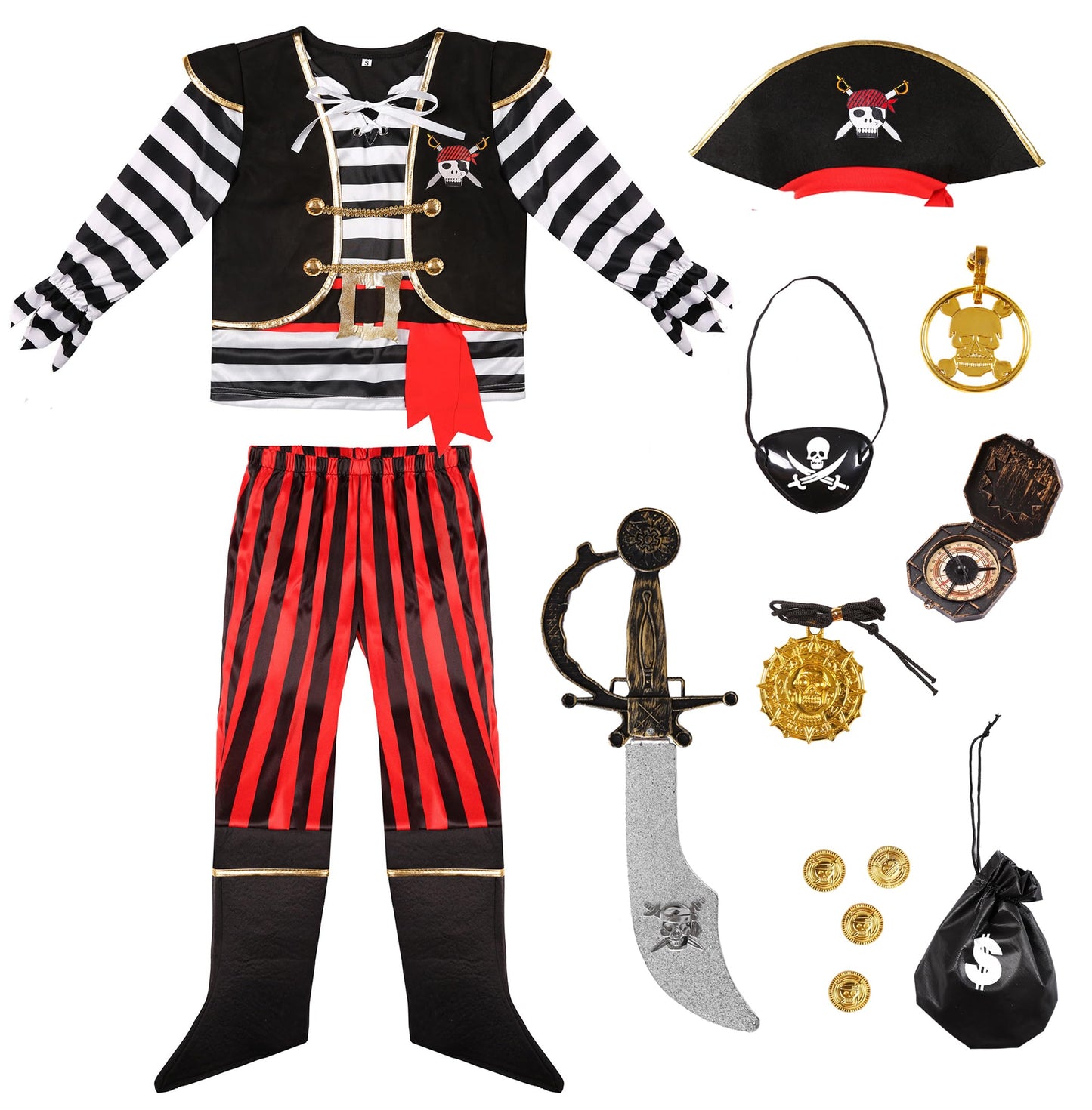 Yorborgor Kids Pirate Outfit - Boys Cosplay Party Dress Up (Stripes, 3-4 Years)