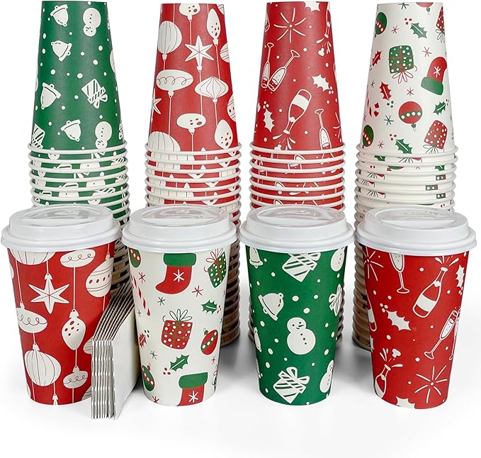 FUNPAK Christmas To Go Coffee Cups with Lids 16 oz Insulated Cups, 100 Packs Hot Cup for Chocolate/Coffee/Tea/Water/Juice,...