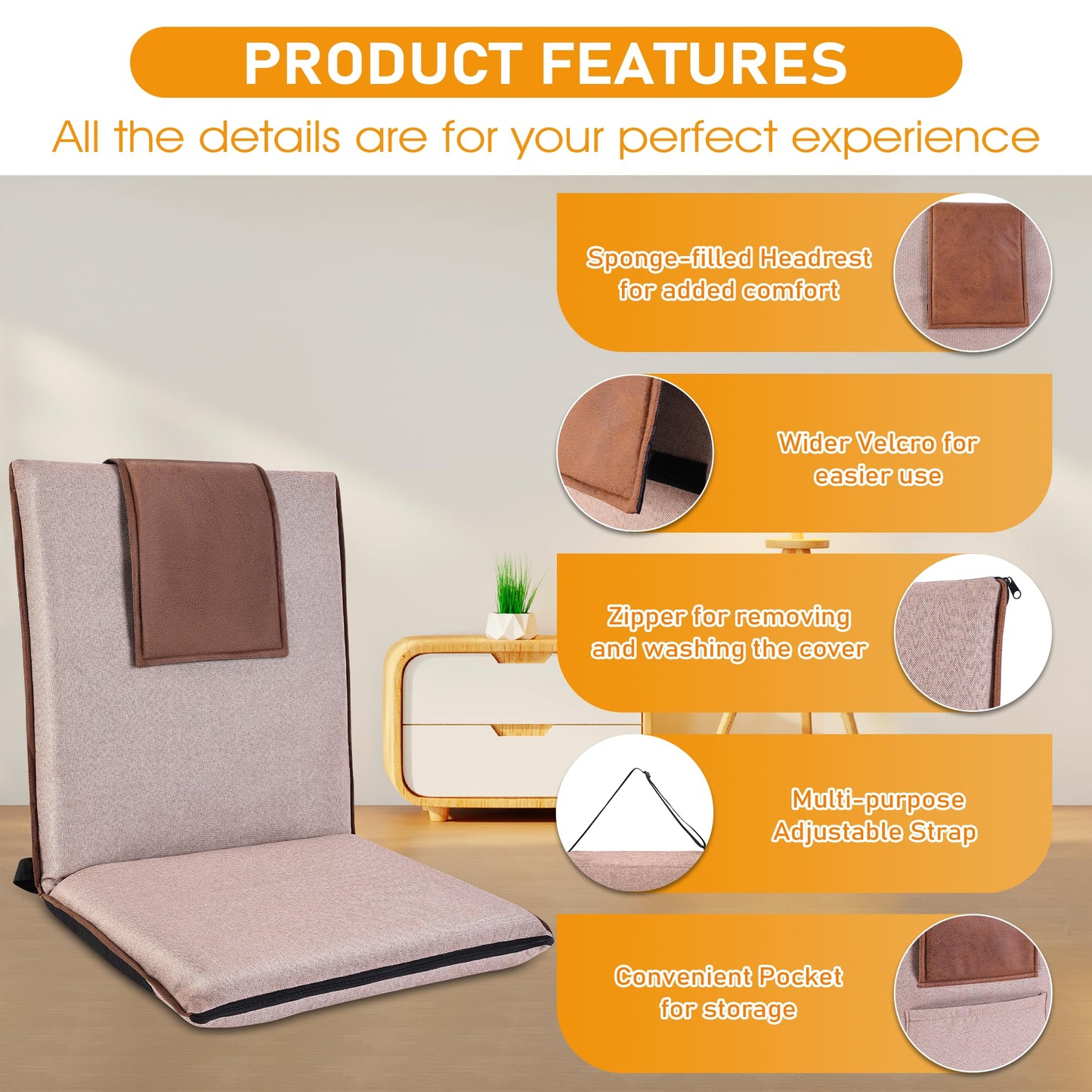 FASTMOMENT Adjustable Floor Chair with Back Support - 14-Position Portable Foldable Meditation Chair for Adults & Kids - Japanese KOYO Bearings & Washable Linen Cover (Coffee)