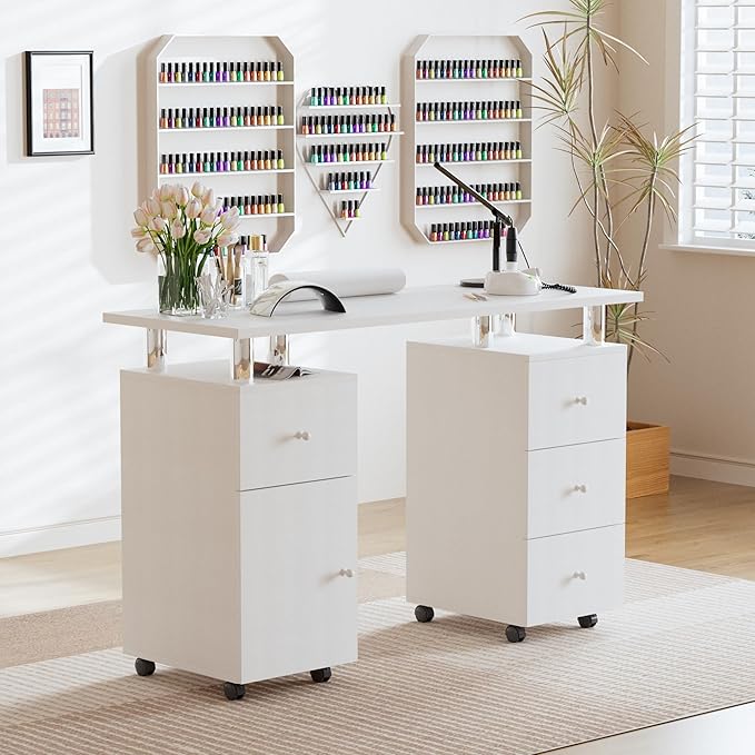 Manicure Table Nail Station 47 inch Nail Desk for Nail Tech with Drawers/Wrist Pad/Lockable Wheels Salon Spa Beauty Bar Technician,White
