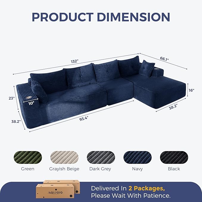 MAXYOYO 132" Oversize Modular Sectional Couch with L-Shape Chaise, Modern Boneless Couch for Living Room, Sofa in A Box, Oversized Sofa Sleeper with Deep Seat, No Assembly Required, Navy