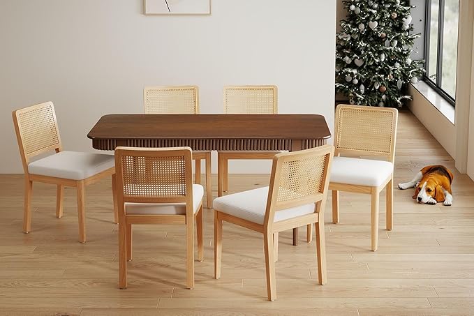 LukeAlon Set of 6 Farmhouse Dining Chairs - Modern Woven Cane Back, Plush Chenille Upholstered Seat, Solid Wood Legs, Mid Century Kitchen & Dining Room Chairs, Comfortable Accent Side Chairs, White