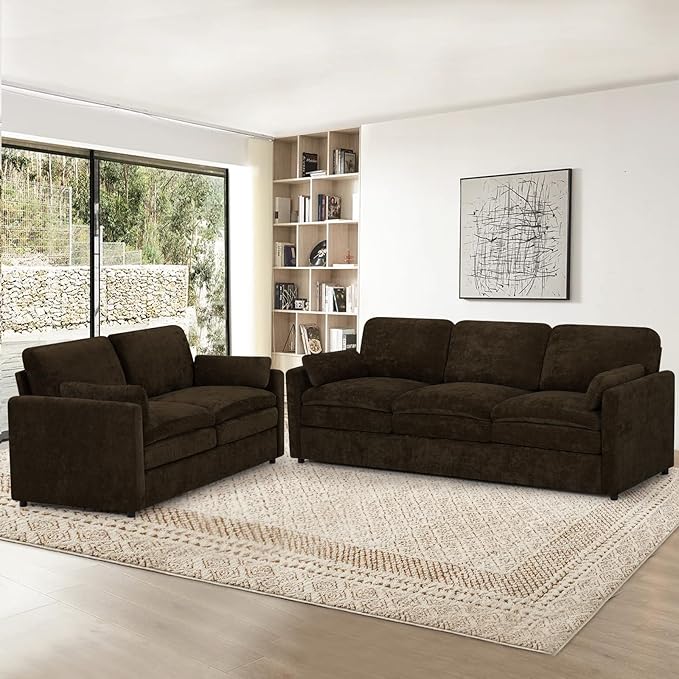 ACMEASE 2 Pieces Chenille Sofa Set w/Two Throw Pillows, Upholstered Loveseat & 3 Seater Sofa w/Comfortable Back Cushions, Modern 2-Seat & 3-Seat w/High-Density Foam for Living Room, Apartment, Brown