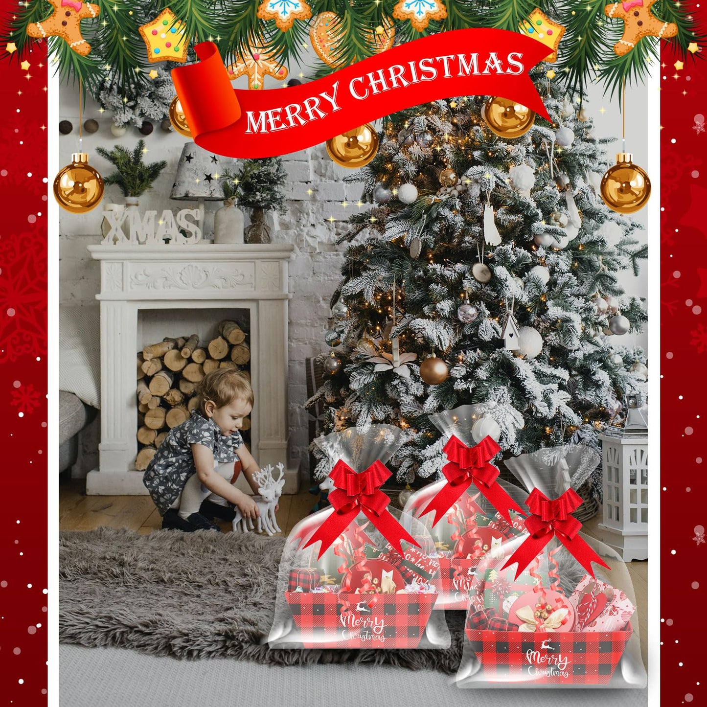 Yeaqee 36 Pcs Christmas Baskets for Gifts Empty Set Includes Buffalo Plaid Christmas Basket for Gifts to Fill, Sturdy Cardboard Baskets Bulk 12 Bags 12 Pull Bows for Xmas