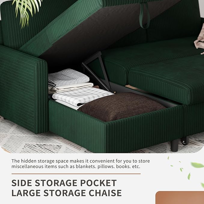 Nuturelly Sectional Sofa Couch Bed L Shaped Sleeper Sofa Bed Pull Out Bed with Storage, Reversible Sectional Couches for Living Room, Apartment, Office(Green)