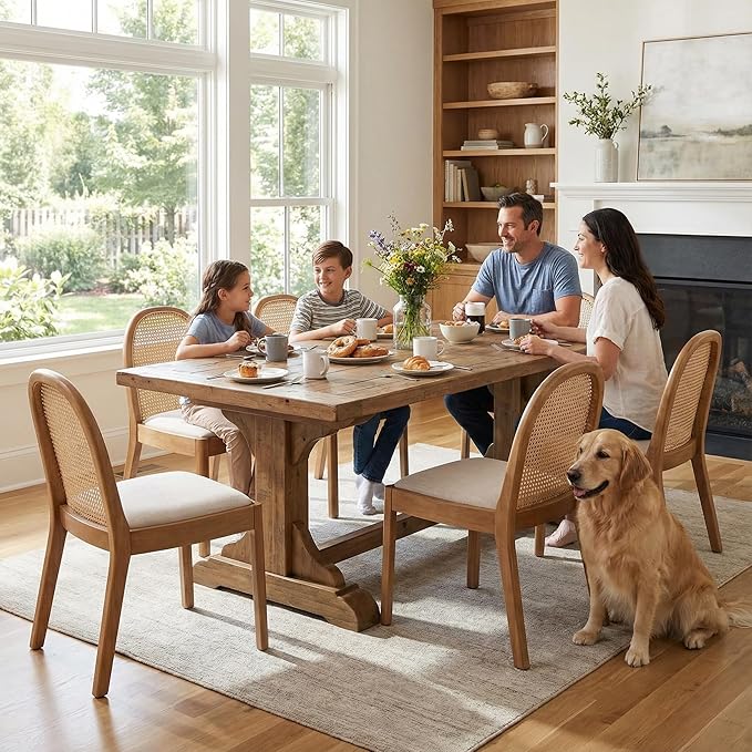 DUOMAY Mid-Century Modern Rattan Dining Chairs Set of 8, Wooden Dining Room Chair with Cane Backrest and Padded Seat, Linen Upholstered Dining Chair, Natural Finish, Beige