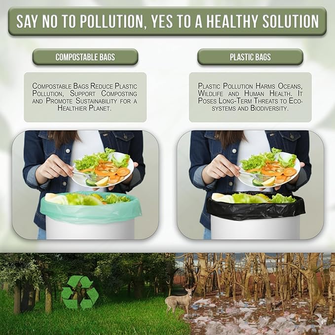 Super Durable Biodegradable Compostable Trash Bags 13 Gallons / 49.2 Liter, Green Biodegradable Trash Bags 50 Pcs, Small Kitchen Compost Bags for Countertop Bin, BPI & OK Compost Certified