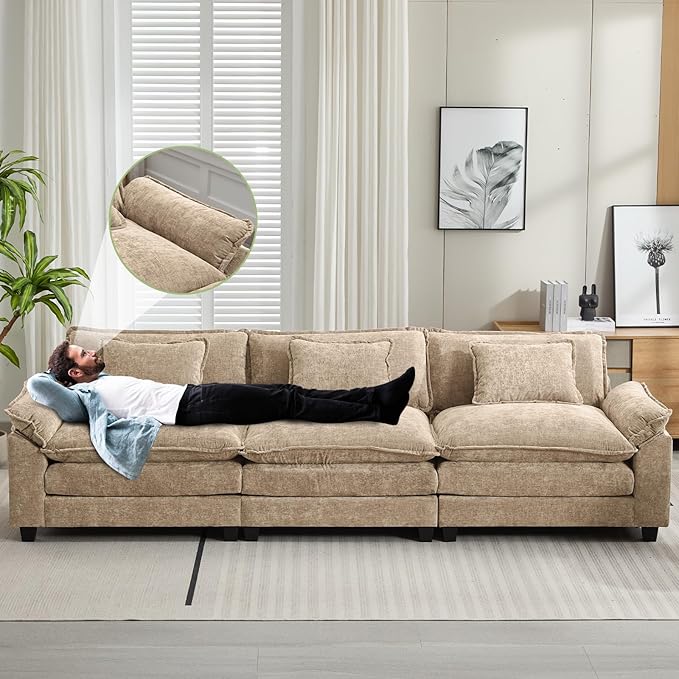 Oprisen 120" Modular Sectional Sofa, Comfy Cloud Couch Sectional, Chenille Sofa Sleeper Deep Seat Sofa with Throw Pillows for Living Room (Khaki, 120"- 3 Seater)