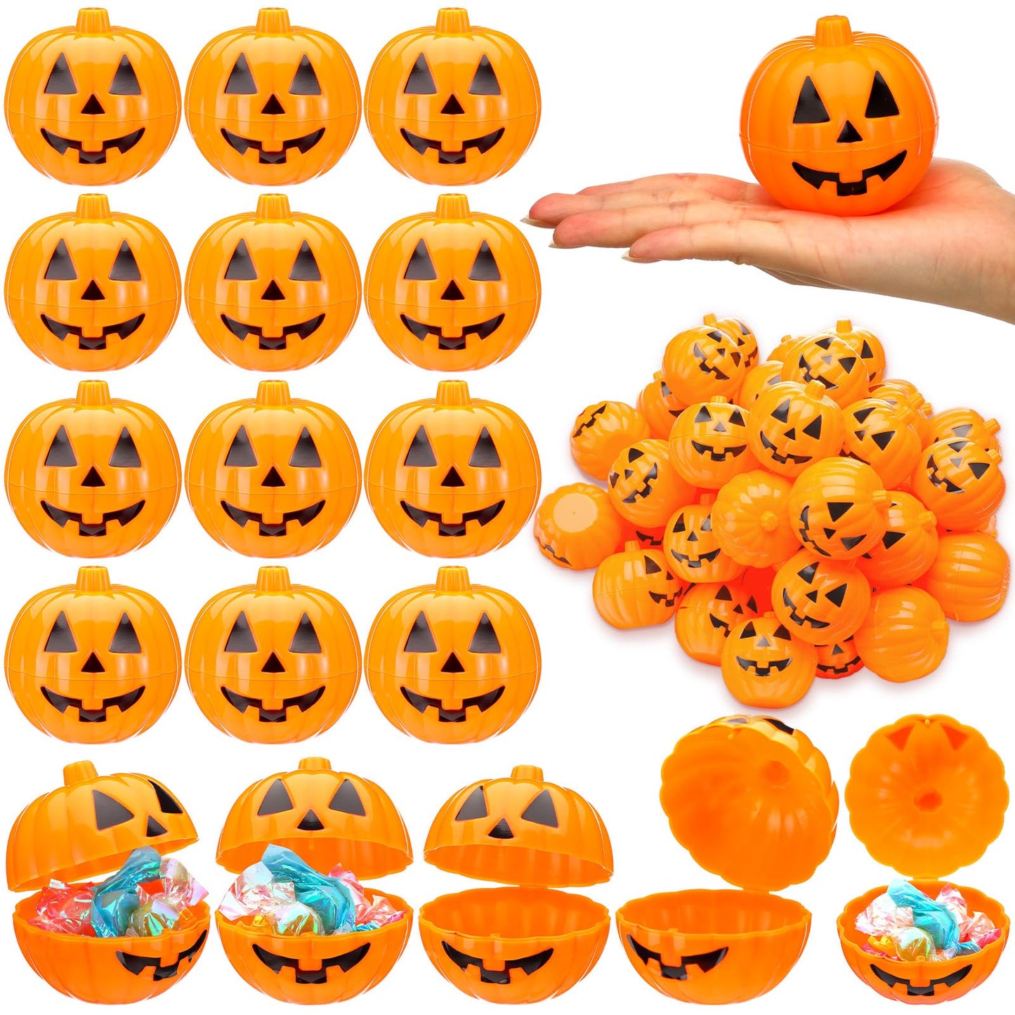 Lallisa 120 Pcs Halloween Pumpkin Containers Plastic Storage Box Case Bulk, Mini Pumpkin Egg Candy Gift Bucket for Halloween Trick Treat Decoration Party Supplies(Orange)