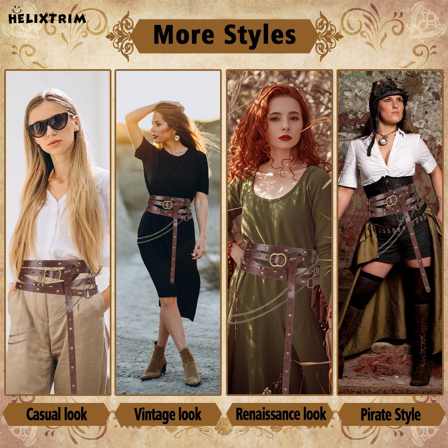 HelixTrim Renaissance Belt Medieval Thin Viking Style Pirate Belt for Women with Gold Chain Faux Leather Accessories Extra Long Plus Size for Ren Faire,LARP,Elf Fairy Cosplay Gift,Brown
