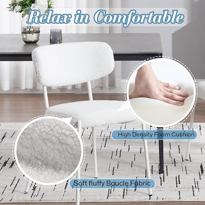 KCC Boucle Dining Chairs Set of 6, Modern Mid-Century Upholstered Stylish Kitchen Chairs Sherpa Accent Diner Chairs with Metal Legs and Curved Back for Kitchen, Dining Room(White)