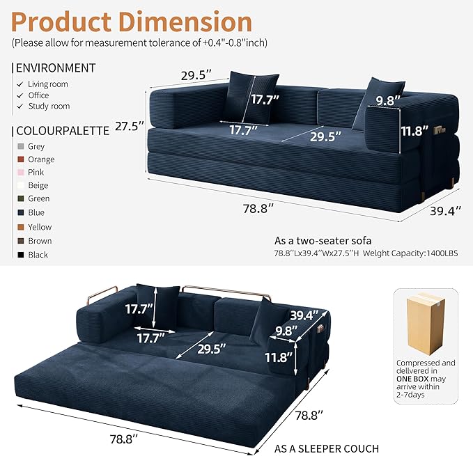 Fancyfire 78.8" Convertible Sofa Bed with Armrest Pillow,4-in-1 Sleeper Couch Bed for Livingroom,Modular Corduroy Boneless couches,No Assembly (Blue)
