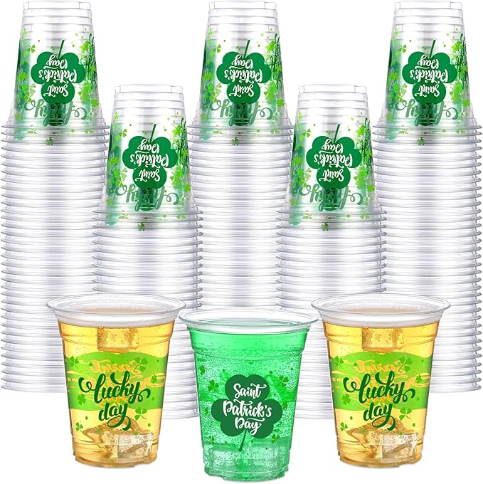 Aoriher 100 Pcs 12 oz St Patrick's Day Shamrock Cups Disposable Plastic Happy St Patrick's Day Green Clear Cups Lucky Day ...