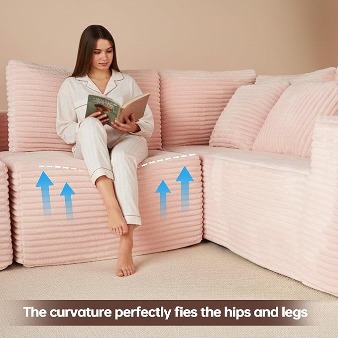 135.5" Cloud Sectional Couch,Boneless Corduroy Sofa for Living Room,Oversized U Shaped Sofa with Chaise,Deep Seat,No Assembly Required,Modular Sectional Sofa（Pink）