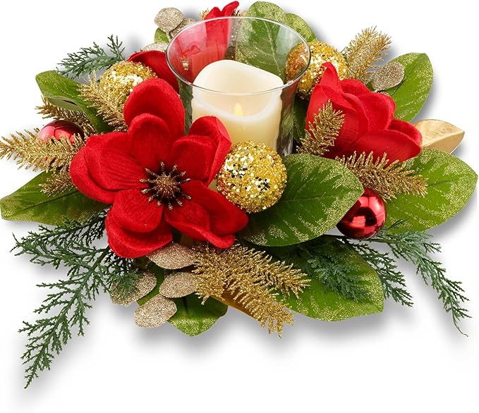 18" Centerpiece with Flameless LED Candle Holder, Design with Red Artificial Magnolia, Gold Baubles & Spruce Branches for ...
