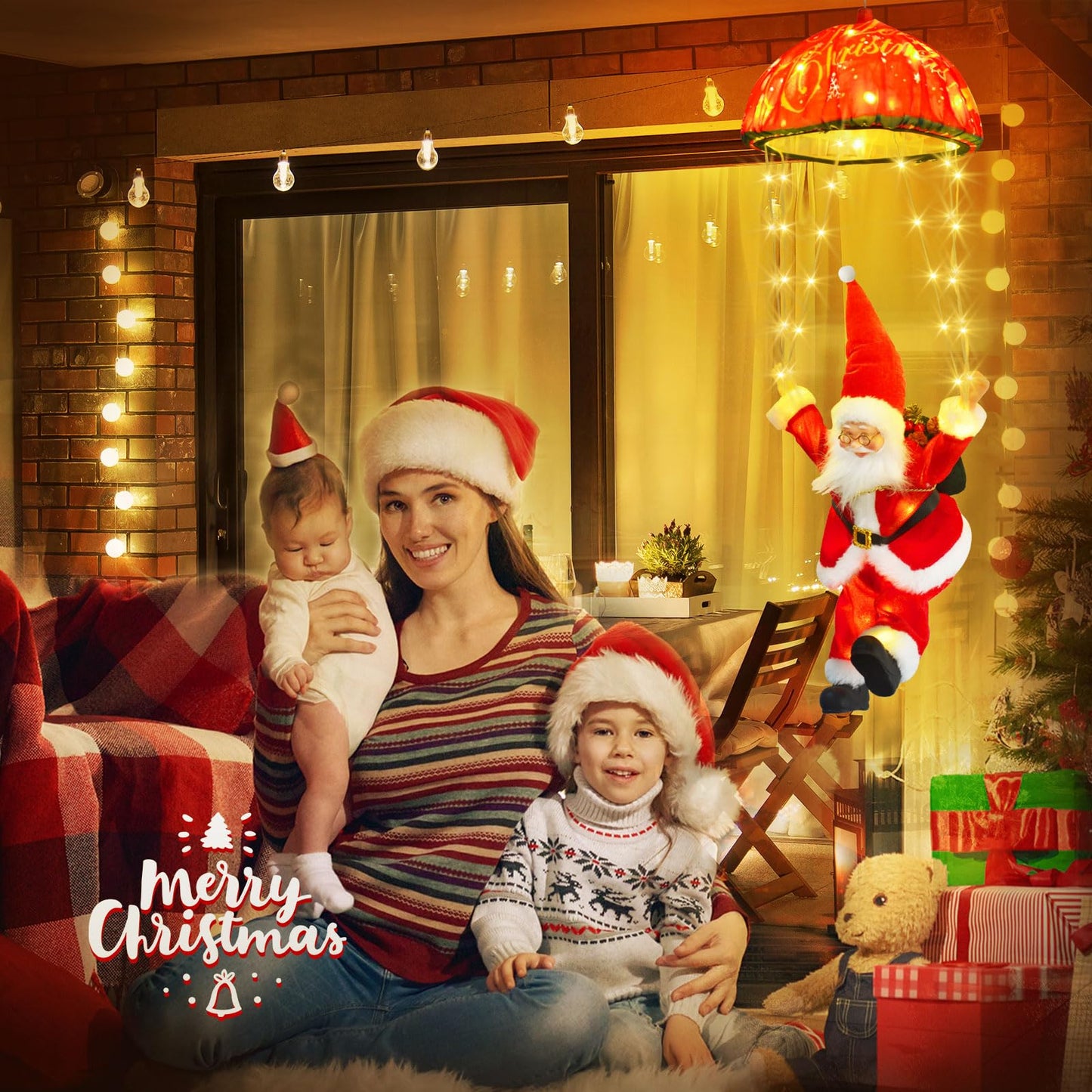 JNOEC Christmas Lights Outdoor Indoor, Santa Claus Parachute LED Lights, 8 Modes & Timer Christmas Decorations Lights Outside Inside for Window, Garden, Home, Porch, Xmas Tree Decor (Warm White) ﻿