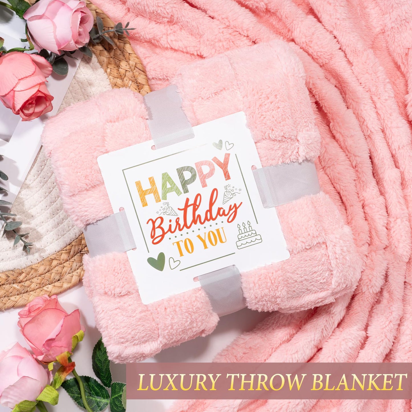 Birthday Gifts for Women Friendship, Unique Happy Birthday Gift Basket for Mom Wife Her Best Friend Sister Girlfriend Coworker W/Flannel Blanket, Luxury Self Care Box Rose Relaxing Spa Gifts Set