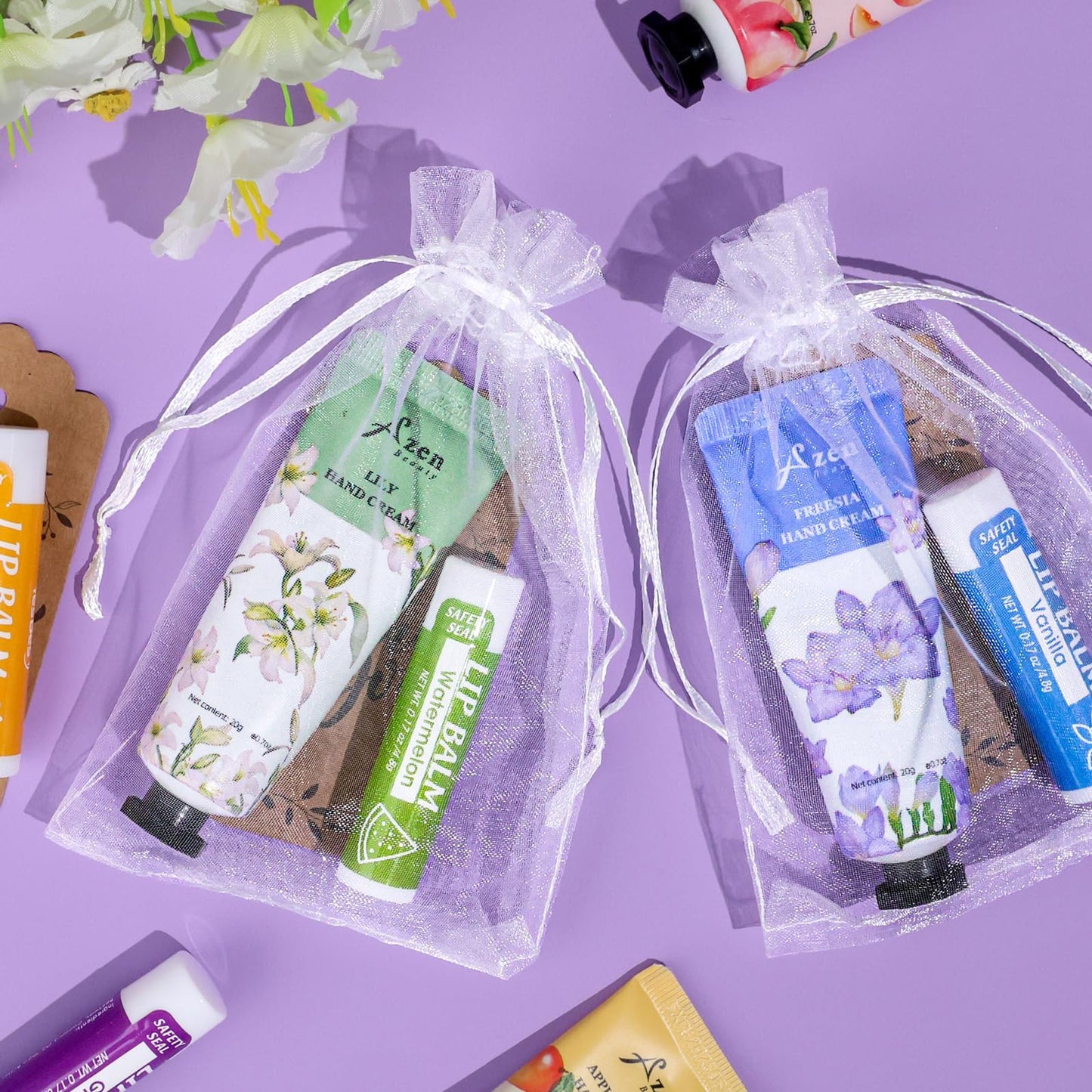 AZEN 32 Sets Bulk Gifts, Hand Cream and Lip Balm Bulk Set with Organza Bag Thank You Card, Baby Shower Wedding Gifts for Guests, Bridal Wedding Favors for Guests,Thank You Gifts for Women
