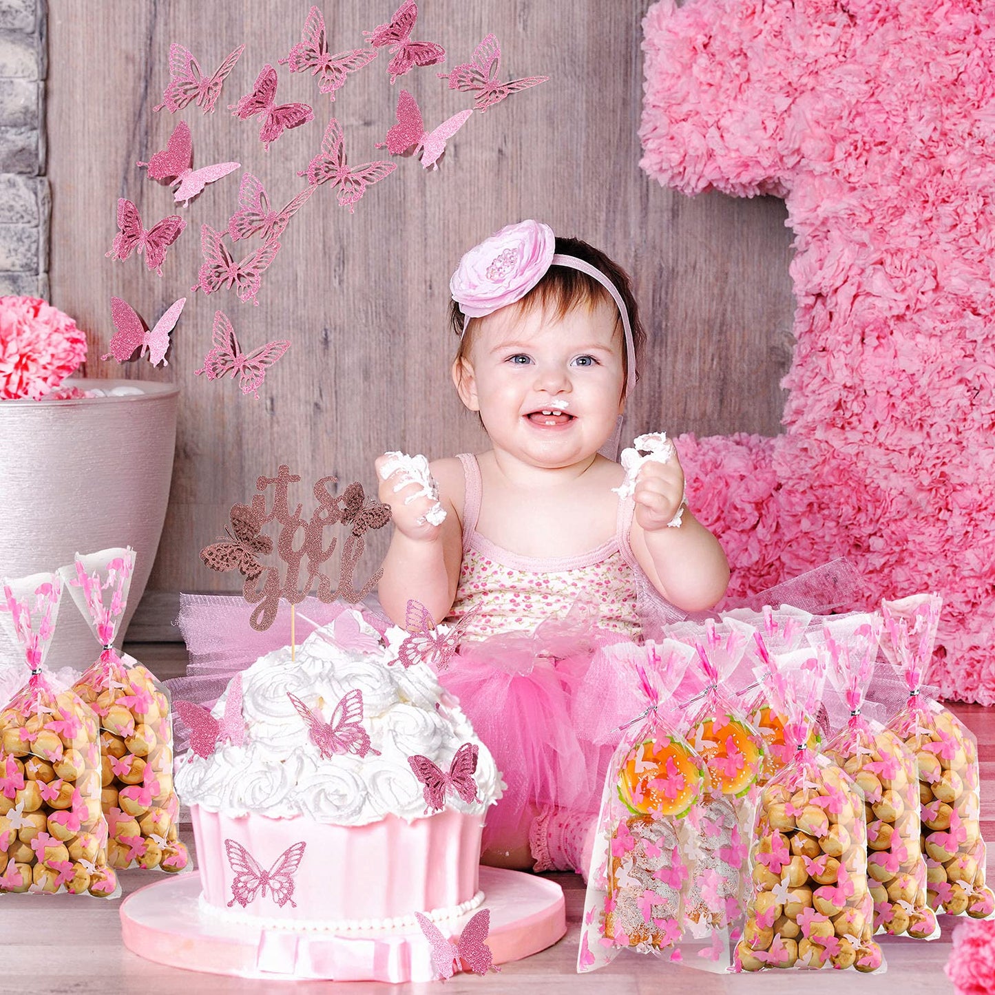 Zonon 100 Pieces Butterflies Cellophane Goody Bags Plastic Candy Treat Bags with 100 Pieces Silver Twist Ties for Butterfly Theme Baby Shower Birthday Party Dessert Decors(Pink)