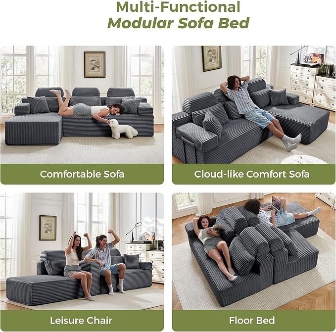 104" L-Shaped Cloud Modular Sectional Sofa with Chaise & Headrest, Boneless Deep Seat Plush Corduroy Couches for Large Living Room, No Assembly Required (Dark Gray, 104" L-shapred Chaise)