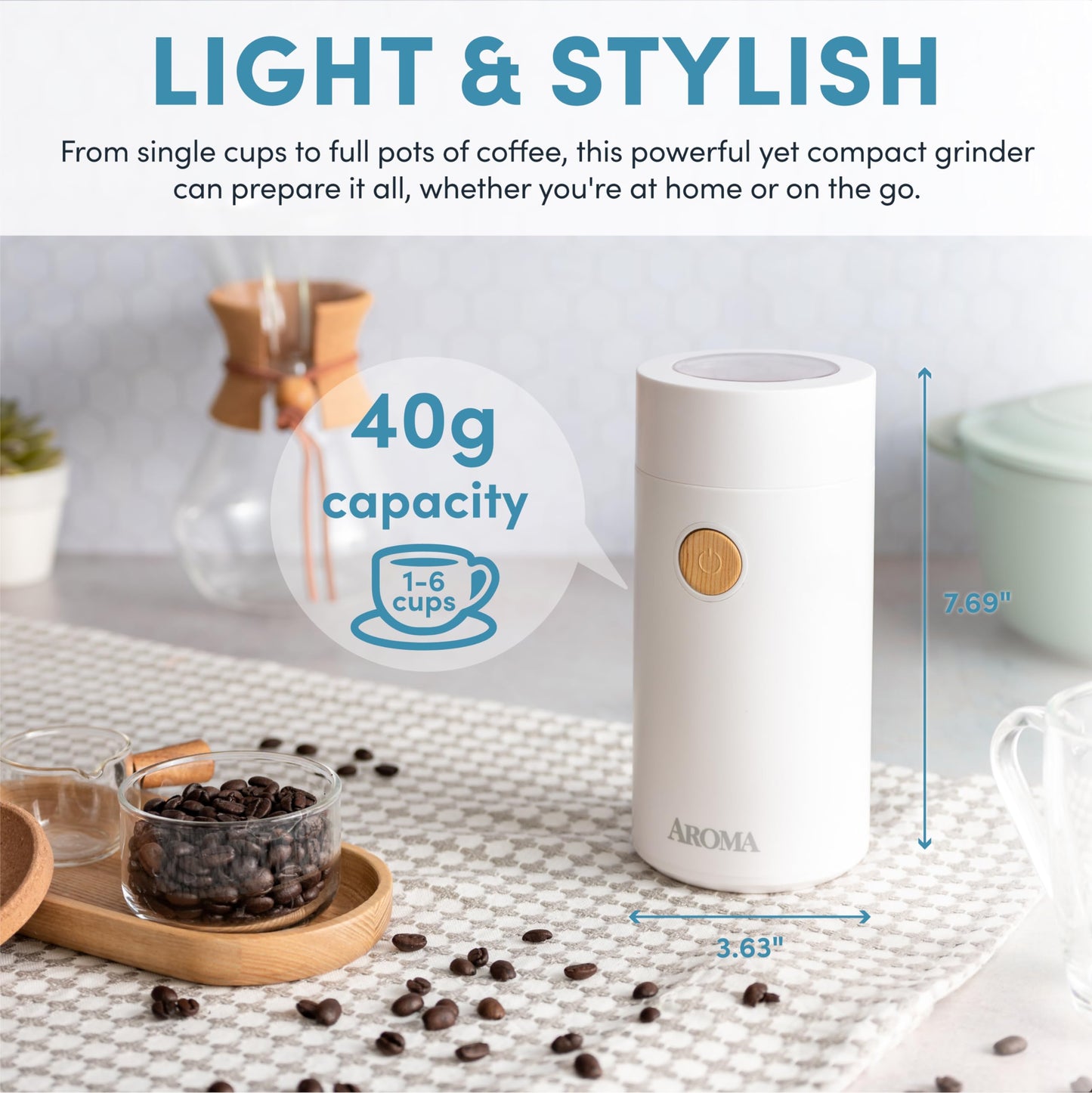 Aroma Housewares Mini Coffee Grinder and Electric Herb Grinder with 304 Stainless Steel Grinding Blades and a See-through Lid (40 g.), White, 40g