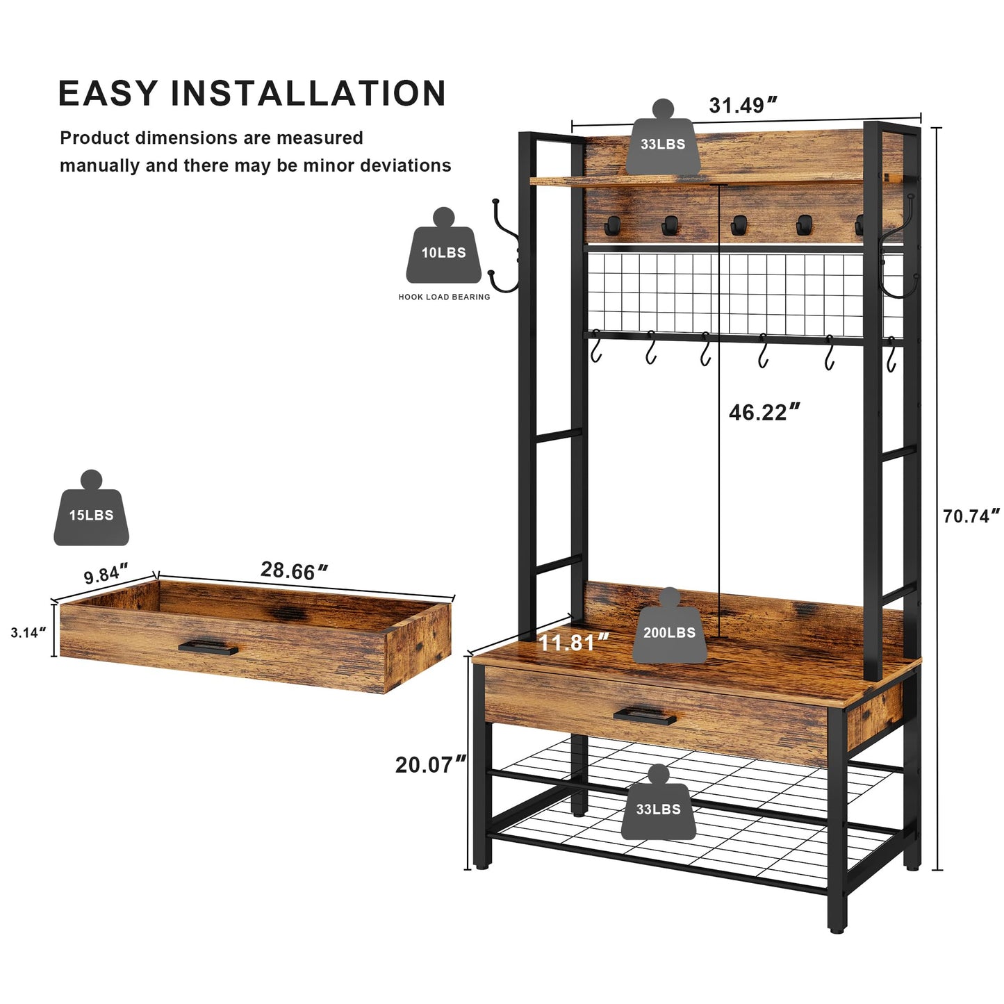 Recaceik Hall Tree, Entryway Coat Rack with Drawer, Industrial 5 in 1 Entryway Bench with Storage Shoe Rack and 12 Hooks, Freestanding Home Organizer with Shelf & Grid Panel, Anti-Dumping