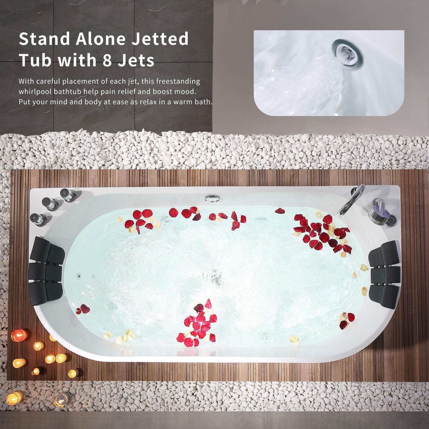 Empava Freestanding Whirlpool Bathtub,Acrylic 8 Hydromassage Jets Tub 59 inch