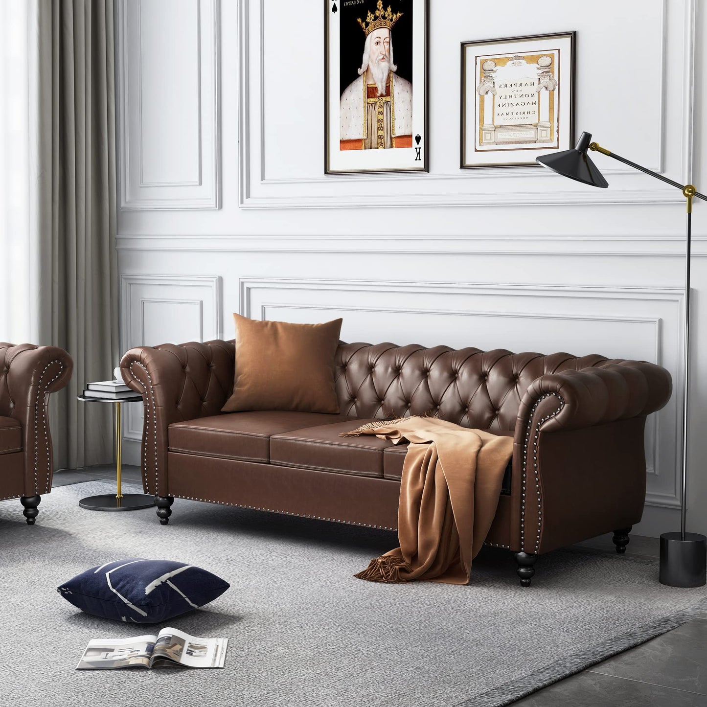 ONCIN Chesterfield Sofa Leather for Living Room, 3 Seater Sofa Tufted Couch Faux Leather with Rolled Arms and Nailhead for Living Room, Bedroom, Office, Apartment (Dark Brown)